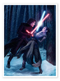 A lithograph featuring characters from Star Wars: The Force Awakens, specifically depicting Rey and Kylo Ren in a forest setting.