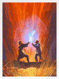 a star wars art piece of obi wan kenobi and luke skywalker battling over lava with light sabers,