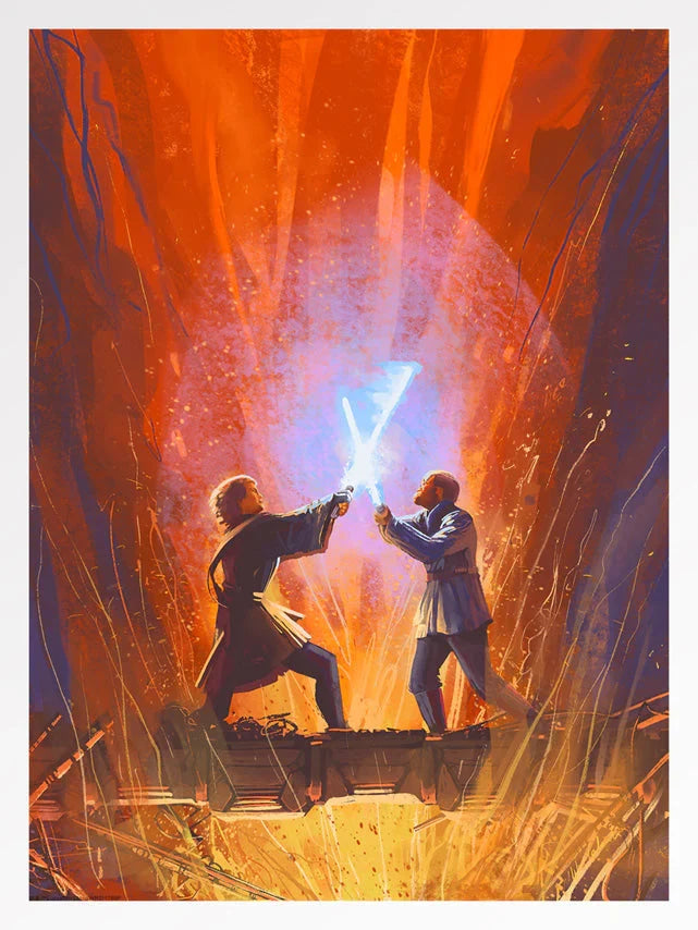 a star wars art piece of obi wan kenobi and luke skywalker battling over lava with light sabers,