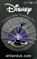 A collectible pin featuring the character Yzma from 'The Emperor's New Groove' with a gold border and a purple background.