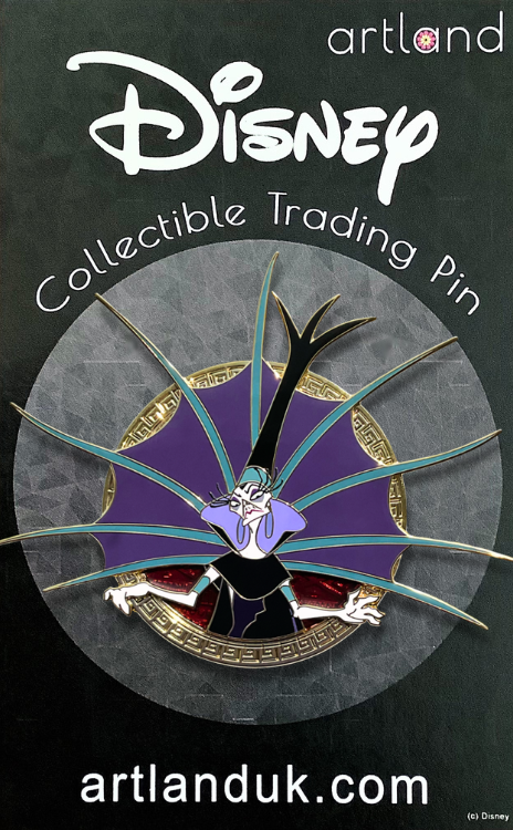 A collectible pin featuring the character Yzma from 'The Emperor's New Groove' with a gold border and a purple background.